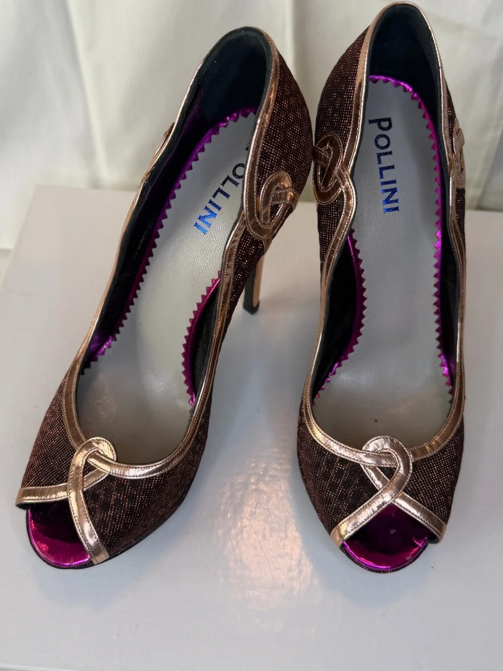Pollini Brown Pumps with Rose Gold Trim and Purple Insole